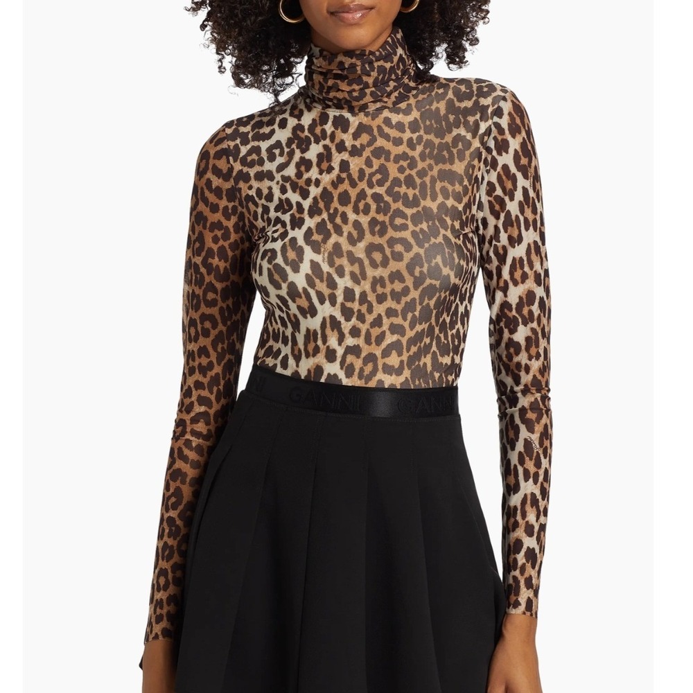 Ganni Leopard Print Mesh Mock Neck Long Sleeve‎ Top Size 38 or Size 6 US - Picture 2 of 13
